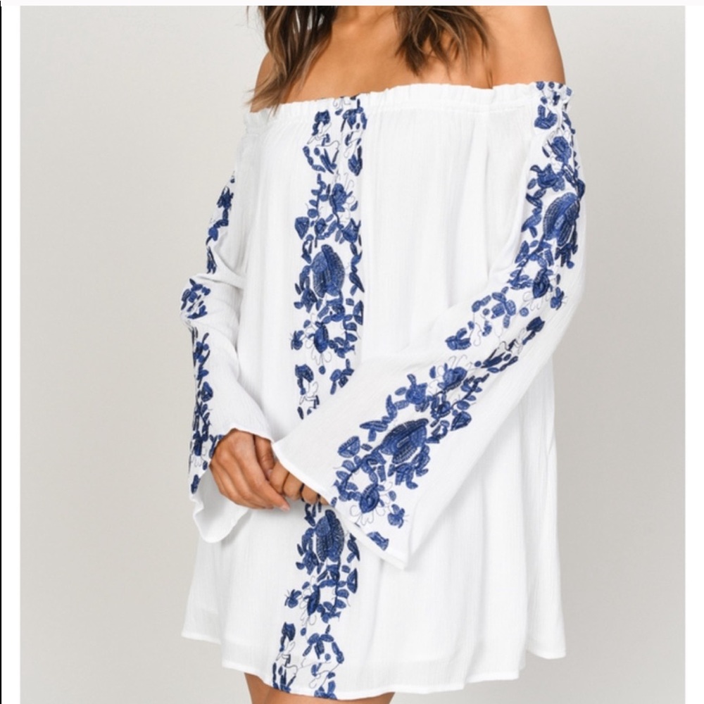 White Long Sleeve Shift Dress with Blue Embroidery